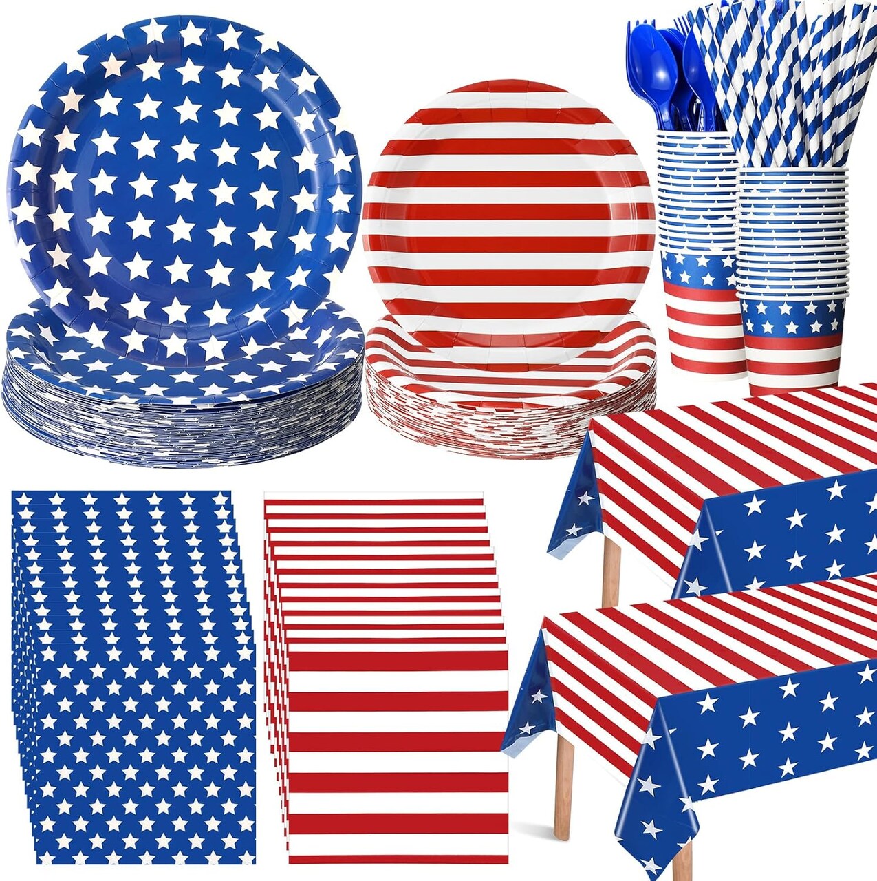 452 Pcs Patriotic Party Supplies American Flag Decoration 4th of July Paper Plates Napkins Cups Tablecloth Cutlery Straws